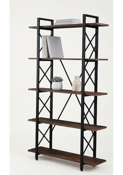 Modern 5 Raflı Metal Kitaplık - 180 Cm Ceviz Raflı Dekoratif Çelik Gövdeli Kitaplık Siyah