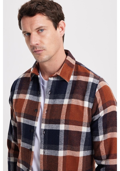 Tudors Erkek Slim Fit Dar Kesim Kareli Kışlık Oduncu Gömlek-42353 Kahverengi