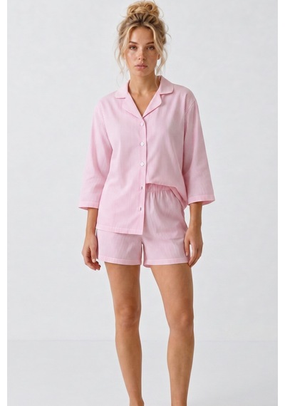 Siyah İnci Düğmeli İnce Soft Örme Şortlu Pijama Takımı 8054 Pembe