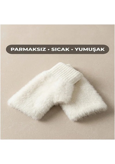 Solezon Kadın Peluş Eldiven Parmaksız Termal Sıcak, Yumuşak Ve Şık Kışlık Eldiven 1 Çift Beyaz