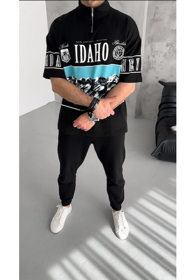 Barlashive Erkek Baskılı Yarım Fermuarlı Kısa Kol T-shirt - Siyah Çok Renkli