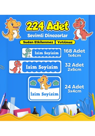 Sevimli Dinozor Temalı Okul Kreş Kişiye Özel İsim Etiket Seti - Model 141 Çok Renkli