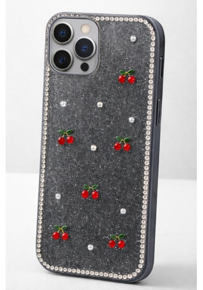 Apple Uyumlu iPhone 13 Pro Kiraz Figürlü Simli İnci Taşlı Lüx Silikon Kılıf Siyah