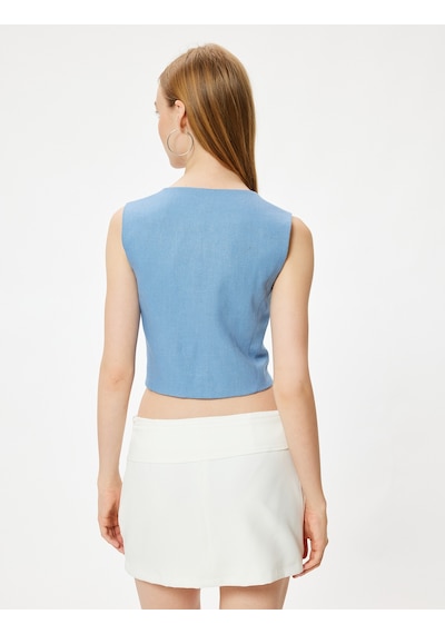 Koton Keten Karışımlı Yelek Kolsuz Fleto Cepli Düğmeli V Yaka Slim Fit Mavi 4sal30048ıw Mavi