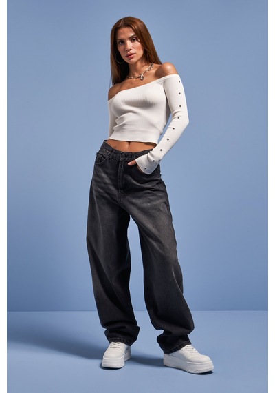 it's basic Kadın Koyu Füme Renk Cindy 2w41 Skater Fit Bol Kesim Denim Jean