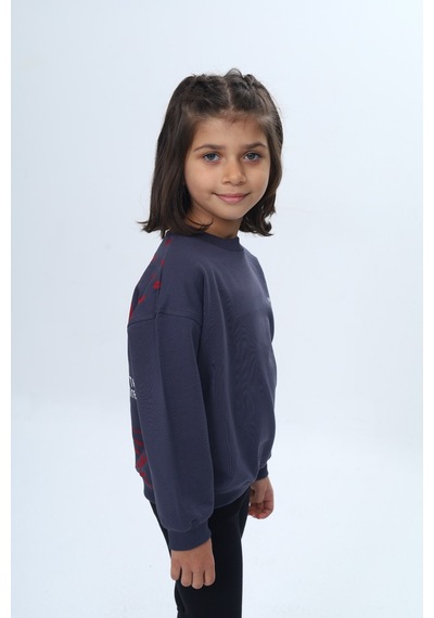 Kız Çocuk Relax Fit Bisiklet Yaka Düşük Omuz Baskılı Sweatshirt Füme Melanj