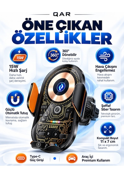 C13 Kablosuz Şarjlı Araç Telefon Tutucu Otomatik Açılıp Kapanan Kollu 360 Dönebilen Şeffaf Tasarım Metal Gövdeli Araç İçi Telefon Tutacağı