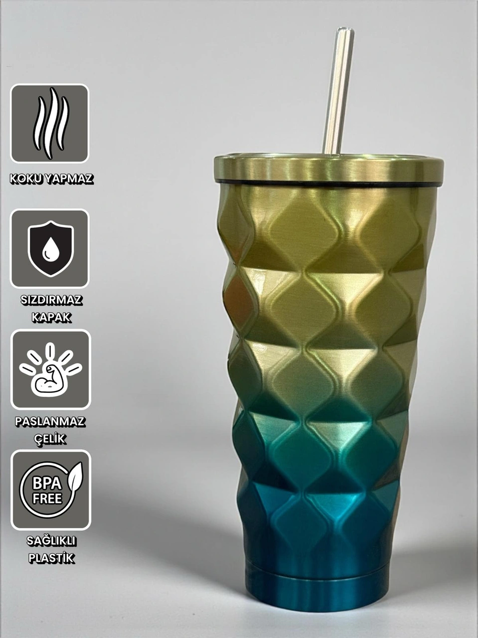 Mango Renkli Geometrik Pipetli Termos 500 Ml-soğuk Ve Sıcak İçecekler İçin Mavi - Sarı
