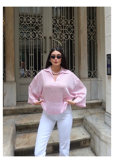 Kechi Woman Çizgili Transparan Kumaş Polo Yaka Bluz Pembe