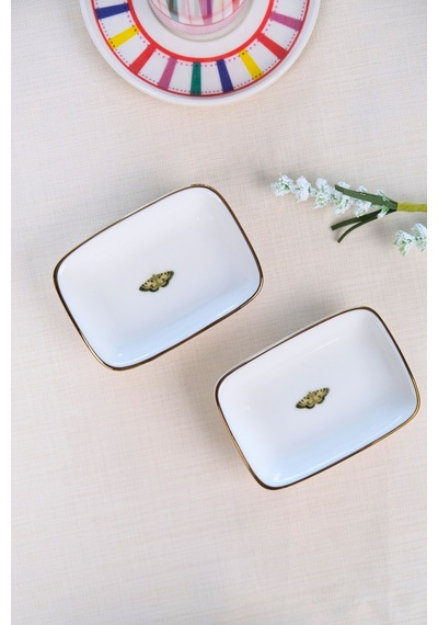 Tabak Evi Kelebek Altın Yaldızlı Dikdörtgen Kayık Tabak 10x7x2cm 2 Li Çok Renkli