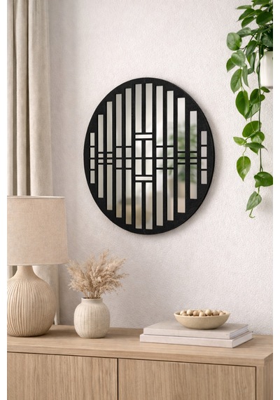 Oval Ayna Pleksi Duvar Dekoru Keçe Detaylı Modern Aynalı Tablo Siyah Siyah