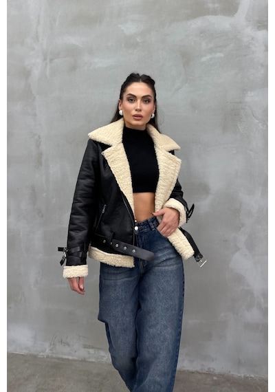 Msm Fashion Kadın İçi Beyaz Kürklü Siyah Kısa Biker Deri Ceket Mont Siyah
