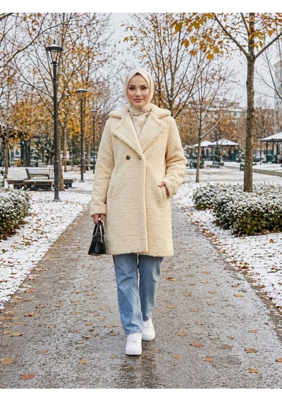 Hb Harma Time Butik Kadın Kruvaze Astarlı Düğmeli Bej Peluş Kaban