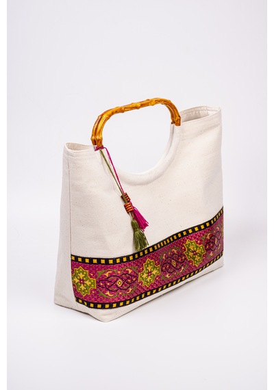 Fabric Craft Bag El Çantası Kanvas Etnik Dokuma Bordürlü Beyaz