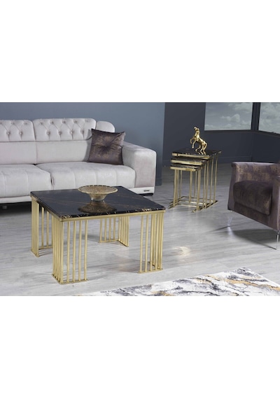Premium Lüx Yaşam Alanı Kare Orta Sehba 80 80 48 Siyah Altın İşleme Gold Ayak