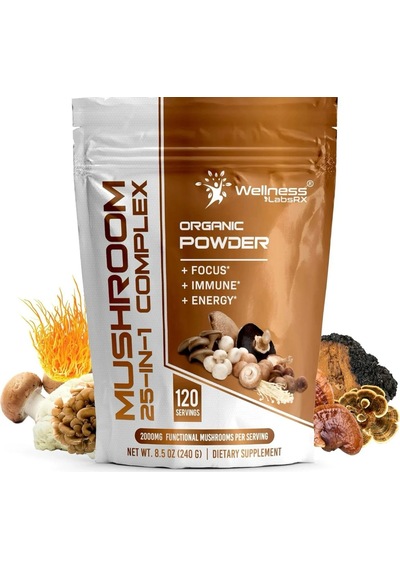 Wellness Mushroom 25 In 1 Complex -organic Powder - Focus - Immune - Energy 2000mg - 120 Servis