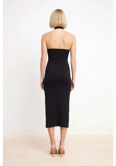 Benerly Kadın Havuz Yaka Kolsuz Bodycon Midi Elbise %96 Polyester Elastan Siyah