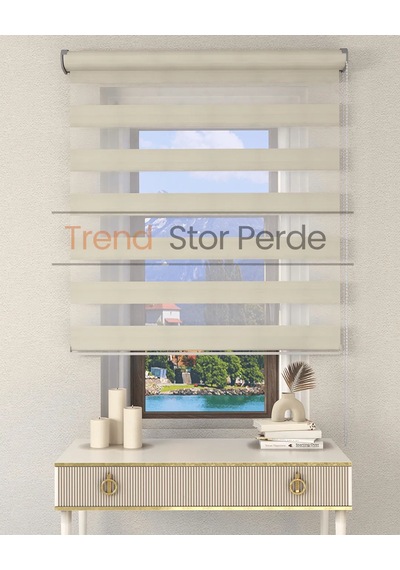 Geniş Plise Krem Etek Dilimsiz Zebra Stor Güneşlik Perde Krem