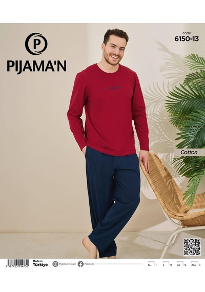 Pijamoni Erkek Pamuklu Bisiklet Yaka Uzun Kol İnce Pijama Takımı 6150/13 - 1 Adet Kırmızı Pijamoni Erkek Pamuklu Bisiklet Yaka Uzun Kol İnce Pijama Takımı 6150/13 - 1 Adet Kırmızı