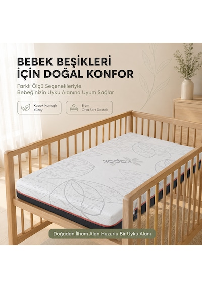 Baby Nature 8 Cm Sünger Bebek Ve Çocuk Yatağı Beşik, Park Yatak, Montessori Ve Çocuk Karyolası Fermuarlı Yıkanabilir Kılıf Kapok Kumaş 24 Dns Orta Sert Sünger Koruyucu Süprem 70 x 110 CM