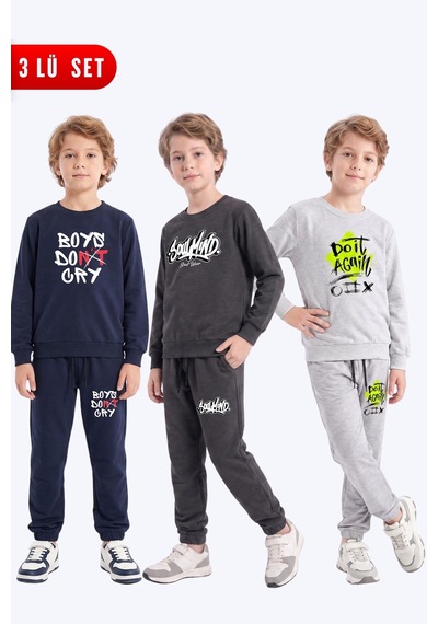 Fyk Kids 3'lü Erkek Çocuk Baskılı Bisiklet Yaka Çift Cepli Eşofman Takımı Lacivert-füme-gri