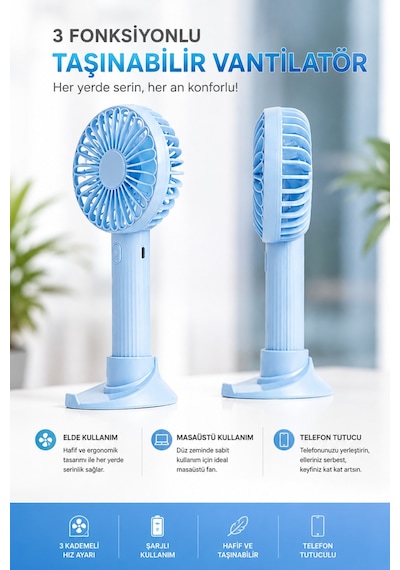 3 Fonksiyonlu Telefon Tutuculu Taşınabilir El Ve Masaüstü Vantilatör Şarjlı 3 Kademeli Mini Fan Usb