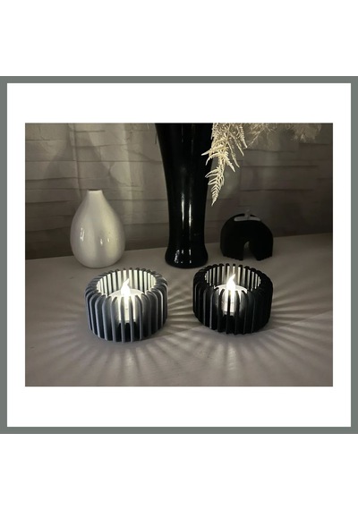 Bezos 3d Baskı Modern Çizgili Mumluk - Tealight Mumluk 1 Adet -gri Mmbz