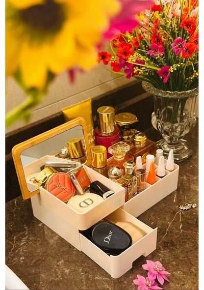Makri Home Bambu Aynalı Kozmetik Takı Makyaj Organizer, 29 X 17,5 X 10 Cm, Portatif Bambu Aynalı Krem