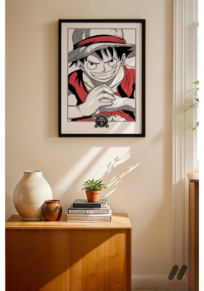 One Piece Luffy Çizgi Poster, Siyah Çerçeveli Duvar Tablosu - Anime Severlere Özel Hediye