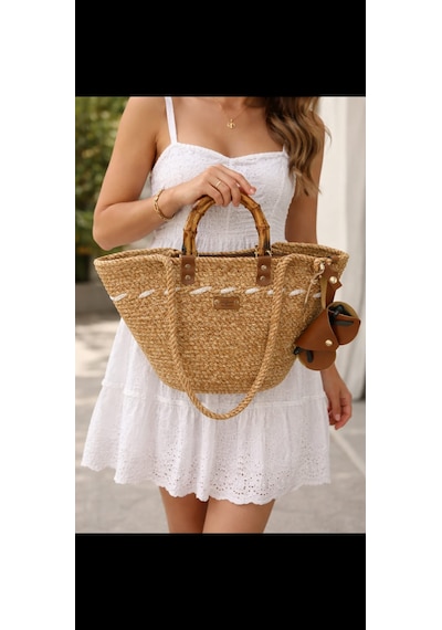 Zez Handmade Hasır Bambu Saplı Çanta