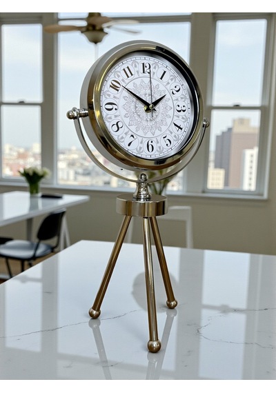 Krom Motif Tasarım Üç Ayaklı Metal Masa Saati 07 Beyaz