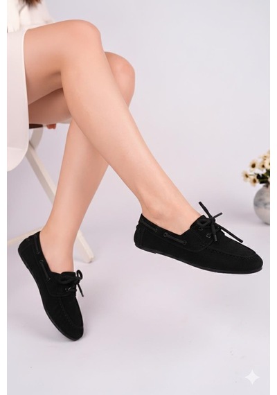 Nesilshoes Nesil Shoes Gabbel 300 Siyah Süet Bağcıklı Kadın Babet