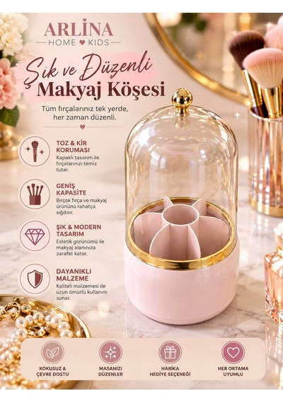 7 Bölmeli Kapaklı Pembe Makyaj Fırçası Ve Kozmetik Organizeri