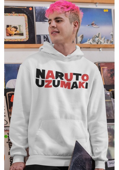 Sevbano Naruto Uzumaki Anime Sırt Baskılı Unisex Oversize Penye Hoodie beyaz