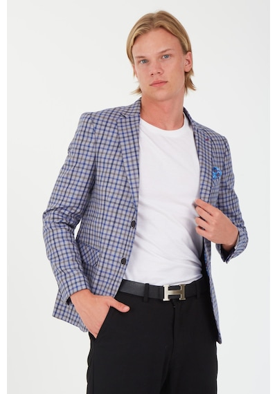 Sposo 5138 Dar Kalıp Kare Desenli Lacivert Erkek Blazer Ceket Lacivert
