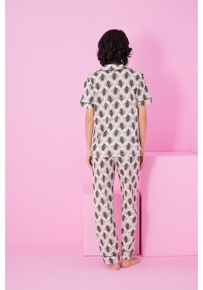 Siyah İnci Love Kalp Desenli Kısa Kollu Düğmeli Biyeli Pijama Takım7854 Bej Melanj