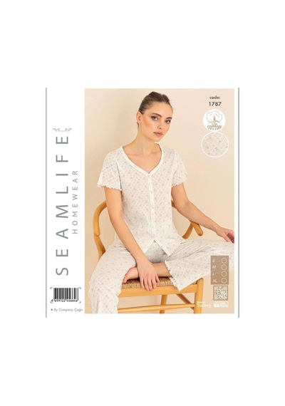 Seamlife Kadın %100 Pamuk Kalp Desenli Önü Düğmeli Kısa Kollu Pijama Takımı 18121787 Ekru