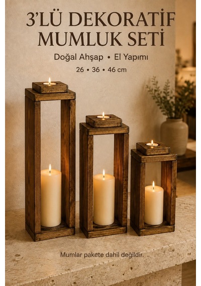 3'lü Dekoratif Ahşap Mumluk Seti, Tealight Mumluk Lüks Mum Salon Balkon Mumluğu Ahşap Ahşap