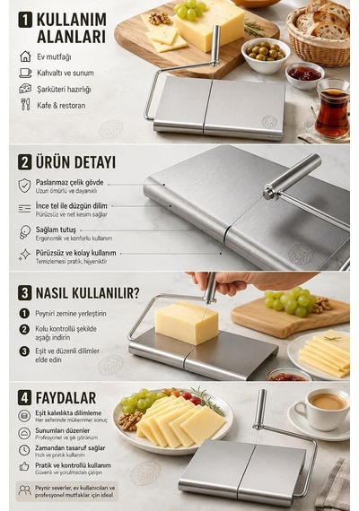 Peynir Ve Tereyağı Dilimleyici 5 Yedek Telli Tel Kesici Lüks Şarküteri Kaşar Dilimleme Standı Aparatı 304 Pasl Diğer