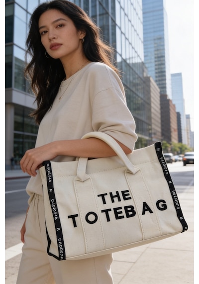 Ents Krem Kanvas Kadın Tote Bag Büyük Boy Günlük Omuz Ve Plaj Çantası beyaz