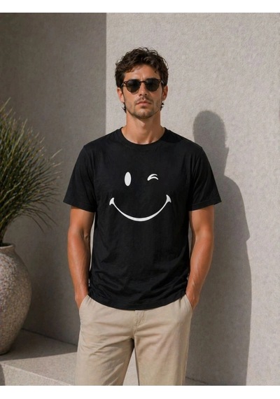 Freedom Storee Erkek Minimal Gülümseyen Yüz Baskılı Tişört Kısa Kol Yazlık T-shirt - Siyah Çok Renkli