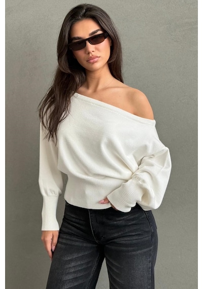Madmext Ekru Ribbed Asimetrik Kesimli Kadın Kazak Mg2744