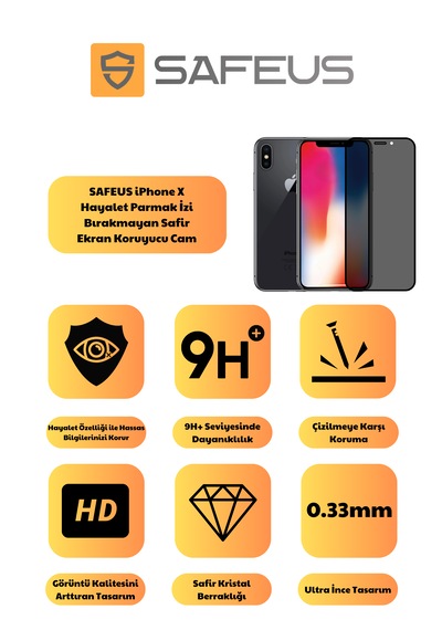 Safeus Tam Kaplayan Hayalet Parmak İzi Bırakmayan Safir Ekran Koruyucu Cam , Apple Uyumlu iPhone X İle