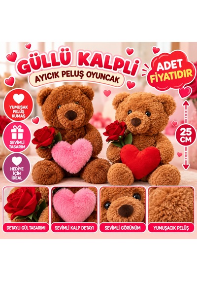 25 Cm Güllü Kalpli Ayıcık Peluş Oyuncak Kahverengi