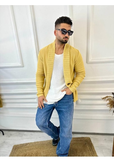 Elku Moda Hırka Örgülü Şal Yaka Cepli Tüylenmez Örgü Triko Hırka Sarı