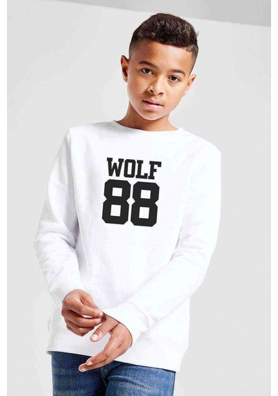 Tshirthane Wolf 88 Logo Baskılı Unisex Çocuk Beyaz Sweatshirt