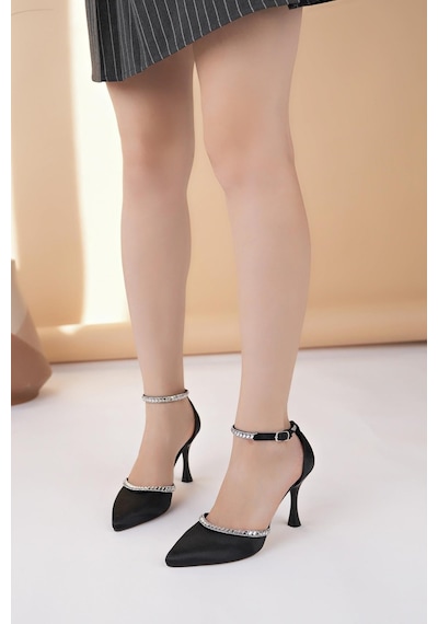 Nesilshoes Nesil Shoes Elva 517 Siyah Saten Üzeri Taşlı Topuklu Kadın Stiletto