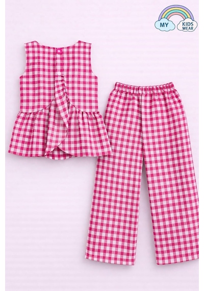 My Kids Wear Kız Çocuk Pötikareli Peplum Bluz Ve Pantolon Takımı 12691 Fuşya