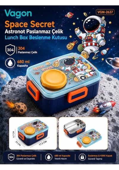 Vagon Space Secret Astronot Paslanmaz Çelik Lunch Box Beslenme Kutusu Vgn-2637 Çok Renkli