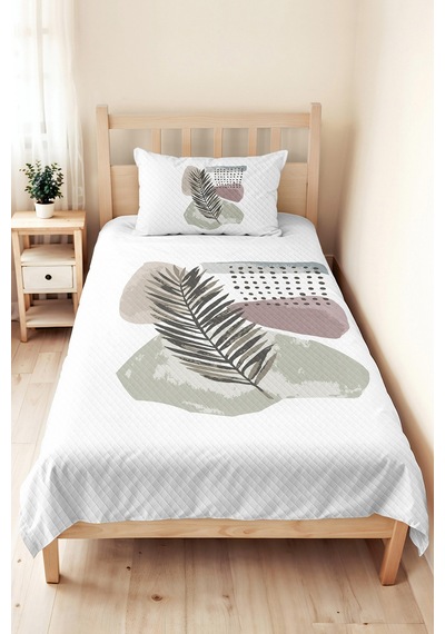 Botanik Yeşil Minimal Tek Kişilik Pike Takımı - Geometrik Antrasit Bej 160x220 Cm Yatak Örtüsü Esintili Kabuğu Demi